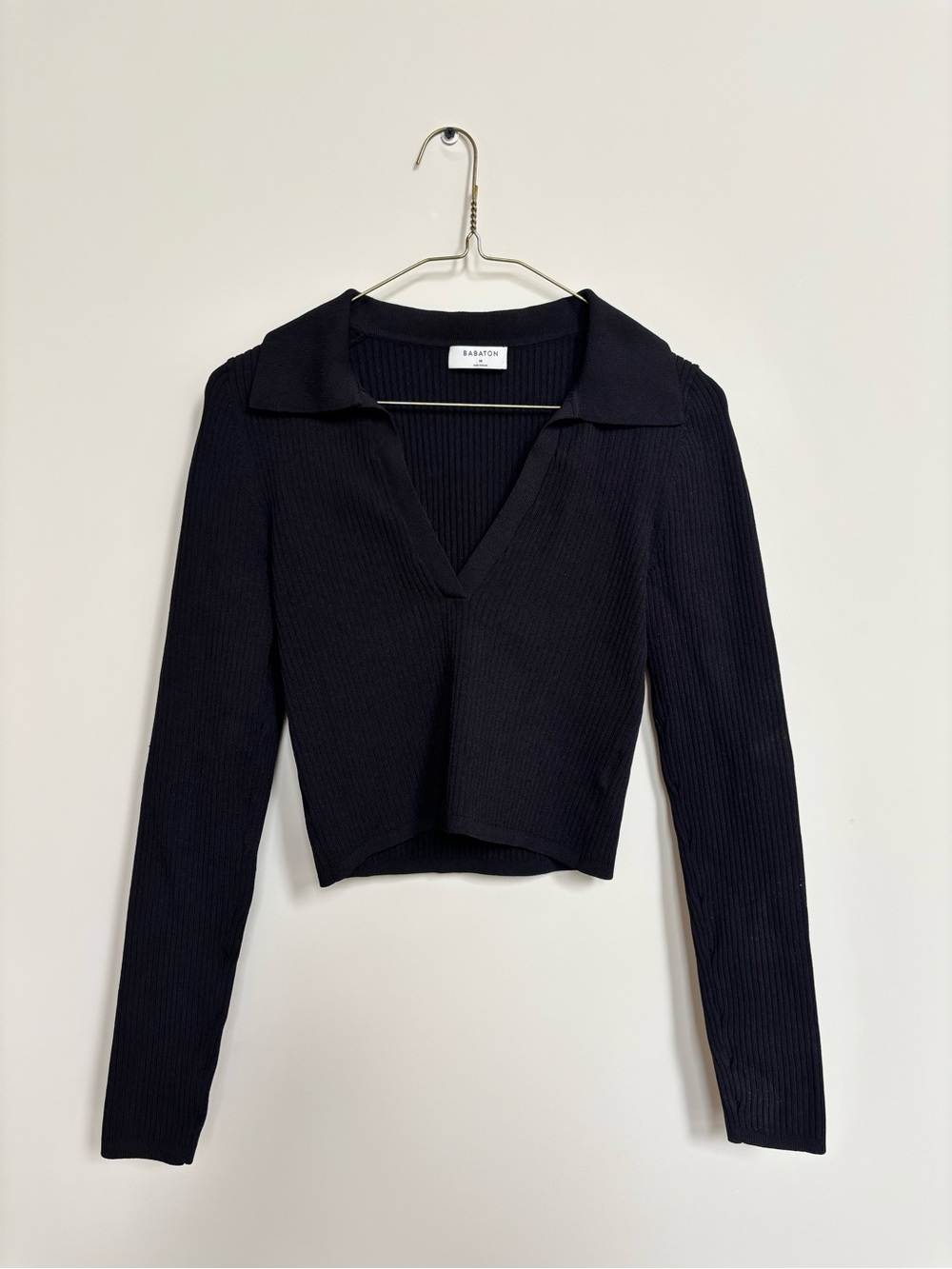 Babaton Black Ribbed Long Sleeve Polo V-Neck Top